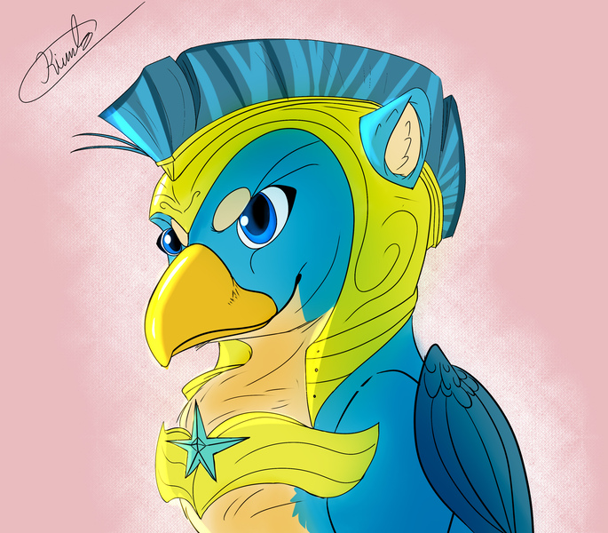 Size: 3210x2810 | Tagged: safe, artist:kiumba, derpibooru import, gallus, gryphon, the last problem, armor, beak, feather, folded wings, high res, image, jpeg, male, royal guard, royal guard armor, royal guard gallus, signature, smiling, smirk, solo, wings