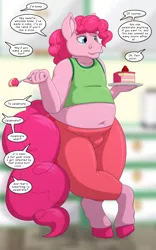 Size: 2500x4000 | Tagged: safe, artist:runningtoaster, derpibooru import, pinkie pie, anthro, earth pony, unguligrade anthro, belly, belly button, bubble berry, cake, chubby, clothes, colored, colored lineart, fat, female to male, food, hooves, human to anthro, image, male, png, rule 63, solo, solo male, tail, transformation, transgender transformation, weight gain
