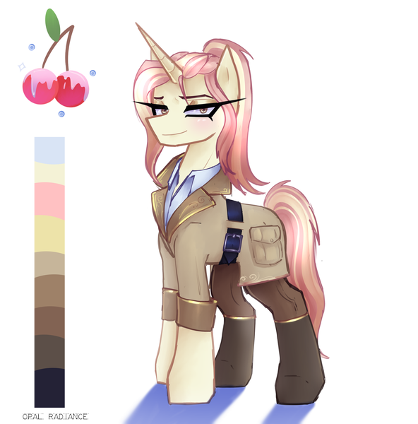 Size: 2800x2840 | Tagged: safe, artist:opal_radiance, derpibooru import, oc, unnamed oc, unofficial characters only, pony, unicorn, adoptable, clothes, eyebrows, female, high res, horn, image, lidded eyes, looking at you, mare, png, shadow, signature, simple background, smiling, smiling at you, solo, unicorn oc, white background