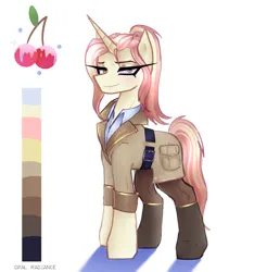 Size: 2800x2840 | Tagged: safe, artist:opal_radiance, derpibooru import, oc, unnamed oc, unofficial characters only, pony, unicorn, adoptable, clothes, eyebrows, female, high res, horn, image, lidded eyes, looking at you, mare, png, shadow, signature, simple background, smiling, smiling at you, solo, unicorn oc, white background