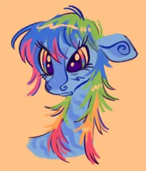 Size: 1044x1219 | Tagged: safe, artist:webkinzworldz, derpibooru import, rainbow dash, pony, alternate hairstyle, frown, image, orange background, png, rainbow eyes, simple background, solo