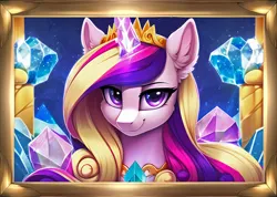 Size: 3398x2426 | Tagged: safe, derpibooru import, editor:montaraz13, machine learning generated, novelai, stable diffusion, princess cadance, alicorn, crystal pony, pony, bust, crystal, crystallized, ear fluff, female, frame, framed picture, horn, horn crystals, image, lidded eyes, looking at you, magic suppression, png, portrait, princess of love, smiling, smiling at you, solo