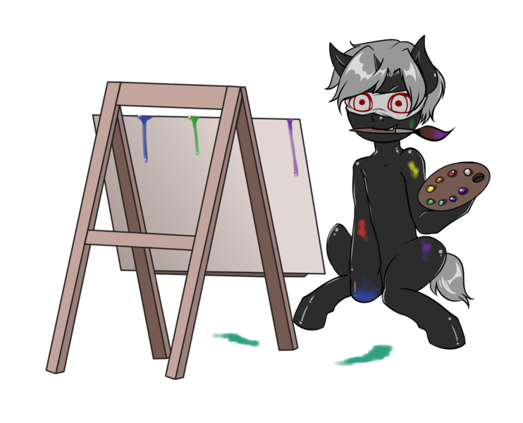 Size: 2220x1795 | Tagged: safe, artist:leastways, derpibooru import, oc, oc:pustka, unofficial characters only, unicorn, artist, easel, image, mess, messy, paint, paintbrush, painting, png, simple background, solo, transparent background