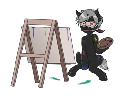 Size: 2220x1795 | Tagged: safe, artist:leastways, derpibooru import, oc, oc:pustka, unofficial characters only, unicorn, artist, easel, image, mess, messy, paint, paintbrush, painting, png, simple background, solo, transparent background