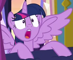 Size: 1141x940 | Tagged: safe, derpibooru import, screencap, twilight sparkle, twilight sparkle (alicorn), alicorn, pony, a health of information, season 7, bed, cropped, cute, discovery family, discovery family logo, female, gasp, image, invisible stallion, logo, mare, open mouth, out of context, png, solo, surprised, twiabetes, wings