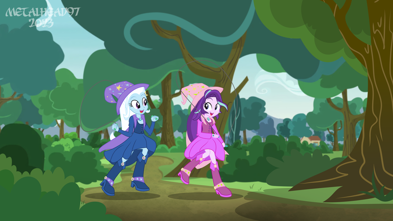 Size: 8000x4500 | Tagged: safe, derpibooru import, starlight glimmer, trixie, equestria girls, equestria girls series, boots, cape, clothes, clothes swap, commission, cute, diatrixes, dress, duo, duo female, equestria girls interpretation, fall formal outfits, female, forest, fun, glimmerbetes, happy, hat, high heel boots, image, jump rope, jumping, lesbian, looking at each other, looking at someone, magician, matching outfits, open mouth, png, rope, rope jumping, scene interpretation, sequence, sequential art, shipping, shoes, show accurate, skipping rope, smiling, smiling at each other, startrix, tree, trixie's cape, trixie's hat