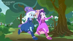 Size: 8000x4500 | Tagged: safe, artist:metalhead97, derpibooru import, starlight glimmer, trixie, equestria girls, equestria girls series, boots, cape, clothes, clothes swap, commission, cute, diatrixes, dress, duo, duo female, equestria girls interpretation, fall formal outfits, female, forest, fun, glimmerbetes, happy, hat, high heel boots, image, jump rope, jumping, lesbian, looking at each other, looking at someone, magician, matching outfits, png, rope, rope jumping, scene interpretation, sequence, sequential art, shipping, shoes, show accurate, skipping rope, smiling, smiling at each other, startrix, tree, trixie's cape, trixie's hat