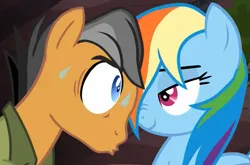 Size: 875x577 | Tagged: safe, derpibooru import, screencap, quibble pants, rainbow dash, earth pony, pegasus, pony, season 6, stranger than fan fiction, close-up, cropped, cute, dashabetes, eye contact, faic, female, image, lidded eyes, looking at each other, looking at someone, male, mare, out of context, png, quibblebetes, smug, smugdash, stallion, sweat, wet, wet mane