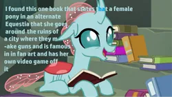 Size: 1707x961 | Tagged: safe, derpibooru import, edit, edited screencap, screencap, ocellus, twilight sparkle, oc, oc:littlepip, changeling, fallout equestria, school daze, book, castle of the royal pony sisters, fallout, image, implied alternate universe, implied fallout equestia, implied oc:littlepip, jpeg, pony reference, solo, text, text edit, that pony sure does love books