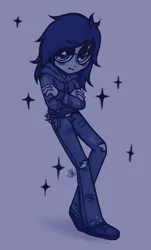 Size: 964x1591 | Tagged: safe, artist:sshhhhhgrr_dead, derpibooru import, oc, ponified:oliver sykes, equestria girls, blue background, boots, bring me the horizon, clothes, commission, crossed arms, equestria girls-ified, frown, hoodie, image, jeans, leaning back, looking at you, male, monochrome, pants, png, ripped jeans, ripped pants, shoes, simple background, solo, standing, torn clothes