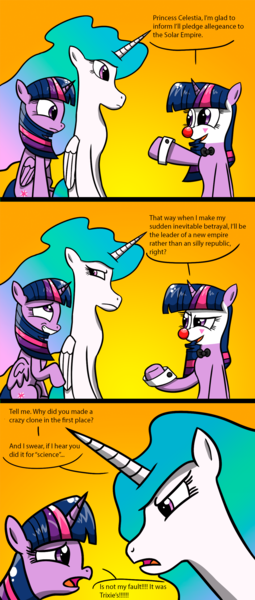 Size: 1140x2679 | Tagged: safe, artist:twi clown, derpibooru import, princess celestia, twilight sparkle, twilight sparkle (alicorn), oc, oc:twi clown, alicorn, pony, unicorn, celestia is not amused, clone, clown, clown makeup, clown nose, comic, derpibooru exclusive, female, image, implied trixie, mare, png, red nose, solar empire, unamused