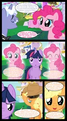 Size: 1280x2300 | Tagged: safe, artist:bigsnusnu, derpibooru import, applejack, pinkie pie, twilight sparkle, earth pony, pony, unicorn, comic:dusk shine in pursuit of happiness, applejack's hat, balcony, blushing, break up, cowboy hat, dialogue, dusk shine, happy, hat, hill, image, party, png, rule 63, table