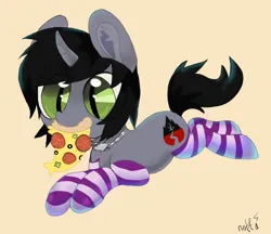 Size: 1390x1200 | Tagged: safe, artist:n0tahuman, derpibooru import, oc, ponified, ponified:kellin quinn, pony, unicorn, clothes, commission, curved horn, disguise, disguised siren, ear fluff, food, horn, image, jewelry, lying down, male, mouth hold, necklace, pizza, png, prone, simple background, sleeping with sirens, slit pupils, socks, solo, stallion, striped socks, ych result, yellow background