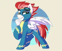 Size: 2048x1675 | Tagged: safe, artist:parlay, derpibooru import, oc, oc:swift apex, pegasus, pony, clothes, goggles, goggles on head, image, jpeg, not zipp storm, pose, posing for photo, simple background, smug, solo, spread wings, uniform, wings, wonderbolts, wonderbolts uniform