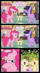 Size: 1280x2300 | Tagged: safe, artist:bigsnusnu, derpibooru import, pinkie pie, pound cake, pumpkin cake, twilight sparkle, earth pony, pegasus, pony, unicorn, comic:dusk shine in pursuit of happiness, balloon, blocking, cake twins, cupcake, diaper, disgusted, dusk shine, female, fetish, food, heart shaped, image, male, mare, messy diaper, png, rule 63, siblings, skull and crossbones, smelly, stallion, twins, vase, worried