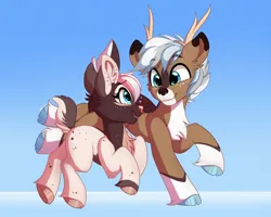 Size: 2000x1600 | Tagged: safe, artist:parlay, derpibooru import, oc, oc:bijou, oc:dexter, deer, deer pony, original species, antlers, deer oc, duo, duo male and female, female, happy, image, jpeg, male, non-pony oc, shipping, simple background, together, walking