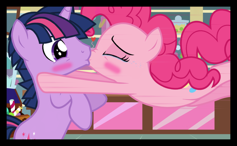 Size: 1280x790 | Tagged: safe, artist:bigsnusnu, derpibooru import, pinkie pie, twilight sparkle, earth pony, pony, unicorn, comic:dusk shine in pursuit of happiness, blushing, candy, chest, counter, crying, dusk shine, food, grabbing, gumball, half r63 shipping, image, jar, jumping, kissing, png, rule 63, shipping, tears of joy