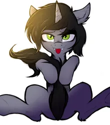 Size: 3500x4000 | Tagged: safe, artist:tatykin, derpibooru import, oc, ponified, ponified:kellin quinn, pony, unicorn, :p, commission, covering, disguise, disguised siren, ear fluff, fangs, floppy ears, horn, image, lidded eyes, looking at you, male, png, simple background, sleeping with sirens, slit pupils, solo, stallion, tongue out, white background, ych result