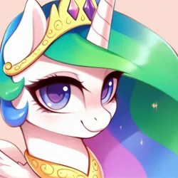 Size: 2048x2048 | Tagged: safe, derpibooru import, editor:be.yovrsxlf_, machine learning assisted, machine learning generated, purplesmart.ai, stable diffusion, princess celestia, alicorn, pony, bust, crown, cute, female, horn, image, jewelry, jpeg, looking at you, pink background, portrait, regalia, simple background, smiling, smiling at you, solo, sparkling, wings