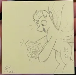 Size: 2868x2800 | Tagged: safe, artist:selenophile, derpibooru import, oc, oc:swift apex, pegasus, pony, cereal, cereal box, cinnamon toast crunch, excited, food, happy, holding, image, jpeg, pegasus oc, solo, spread wings, sticky note, traditional art, wings