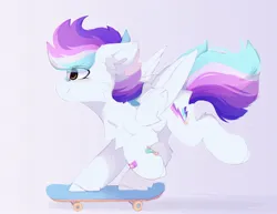 Size: 1760x1360 | Tagged: safe, artist:little-sketches, derpibooru import, oc, oc:pony hawk, pegasus, pony, bandage, bandaid, bandaid on nose, folded wings, image, jpeg, pegasus oc, simple background, skateboard, skateboarding, solo, wings