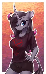 Size: 748x1200 | Tagged: safe, artist:redahfuhrerking, derpibooru import, oleander (tfh), anthro, unicorn, them's fightin' herds, clothes, community related, image, png, shirt, shorts, solo, t-shirt