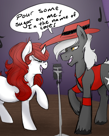 Size: 373x466 | Tagged: safe, artist:autumn-tea-pony, derpibooru import, oc, oc:autumn tea, oc:trigger, unofficial characters only, pony, unicorn, clothes, couple, female, image, karaoke, male, mare, microphone, png, shipping, simple background, stallion, vest