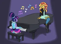 Size: 1280x914 | Tagged: safe, artist:flightless-fox, derpibooru import, sunset shimmer, twilight sparkle, equestria girls, friendship through the ages, image, music notes, musical instrument, piano, playing instrument, png