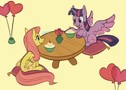 Size: 1280x914 | Tagged: safe, artist:flightless-fox, derpibooru import, fluttershy, twilight sparkle, pony, balloon, cherry, cushion, eating, female, flower, food, heart, heart balloon, hearts and hooves day, ice cream, image, lesbian, looking at each other, looking at someone, open mouth, pillow, png, rose, shipping, simple background, sitting, smiling, spread wings, table, twishy, vase, wings