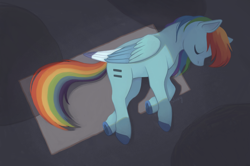 Size: 1210x806 | Tagged: safe, artist:flightless-fox, derpibooru import, rainbow dash, pegasus, pony, equal cutie mark, equalized, image, lying down, our town, png, side, solo