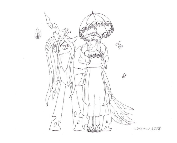Size: 1024x826 | Tagged: safe, artist:lonewolf3878, derpibooru import, parasol, queen chrysalis, butterfly, changeling, changeling queen, human, insect, ace attorney, dahlia hawthorne, female, image, jpeg, traditional art