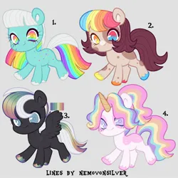 Size: 2000x2000 | Tagged: safe, artist:fizzlefer, artist:nemovonsilver, derpibooru import, oc, unofficial characters only, earth pony, pegasus, pony, unicorn, adoptable, image, jpeg, simple background