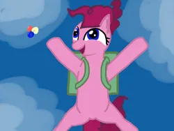 Size: 1024x768 | Tagged: safe, artist:jimthecactus, derpibooru import, pinkie pie, earth pony, pony, female, image, low angle, mare, open mouth, open smile, parachute, png, skydiving, smiling, solo
