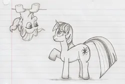 Size: 1851x1248 | Tagged: safe, artist:jimthecactus, derpibooru import, pinkie pie, twilight sparkle, earth pony, pony, unicorn, duo, grayscale, grin, image, in which pinkie pie forgets how to gravity, jpeg, lined paper, looking at each other, looking at someone, looking up, monochrome, pencil drawing, pinkie being pinkie, pinkie physics, smiling, traditional art, unicorn twilight