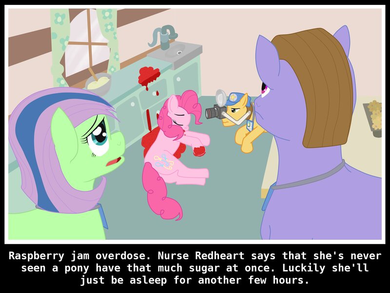 Size: 3200x2400 | Tagged: safe, artist:jimthecactus, derpibooru import, pinkie pie, oc, earth pony, pony, camera, csi, dialogue, female, food, image, jam, jpeg, male, mare, misleading thumbnail, not blood, raspberry, sleeping, stallion, subtitles, tongue out