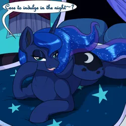 Size: 2000x2000 | Tagged: suggestive, artist:novaspark, derpibooru import, princess luna, alicorn, pony, april fools, april fools 2023, bed, bedroom, bedroom eyes, best pony, best princess, butt, curtains, cutie mark, derpibooru exclusive, ethereal mane, ethereal tail, female, image, lidded eyes, looking at you, luna's room, on bed, plot, png, smiling, smiling at you, smirk, solo, solo female, stupid sexy princess luna, sultry pose, tail, talking to viewer, wall