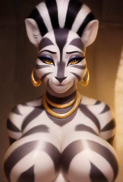 Size: 512x760 | Tagged: suggestive, derpibooru import, machine learning generated, zecora, anthro, pony, zebra, breasts, female, image, mare, png, solo