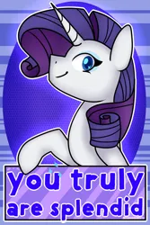 Size: 540x810 | Tagged: safe, artist:fluttershydaily, derpibooru import, rarity, blue background, image, looking at you, png, raised hoof, simple background, smiling