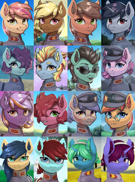 Size: 624x840 | Tagged: safe, artist:printik, derpibooru import, oc, unofficial characters only, earth pony, pony, unicorn, equestria at war mod, bust, cap, glasses, hat, image, png, portrait, soldier, sunglasses