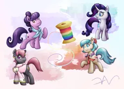 Size: 1280x916 | Tagged: safe, artist:swasdoodles, derpibooru import, coco pommel, prim hemline, rarity, suri polomare, ear piercing, earring, handkerchief, image, jewelry, jpeg, necktie, piercing, raised hoof, simple background, smiling, spool