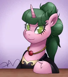 Size: 1280x1441 | Tagged: safe, artist:swasdoodles, derpibooru import, oc, unofficial characters only, unicorn, clothes, dress, hoof fluff, hoof on table, image, jewelry, jpeg, looking at camera, necklace, simple background, smiling