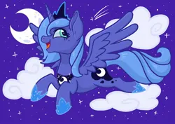 Size: 2048x1448 | Tagged: safe, artist:art_alanis, derpibooru import, princess luna, alicorn, pony, cloud, flying, image, jpeg, moon, solo