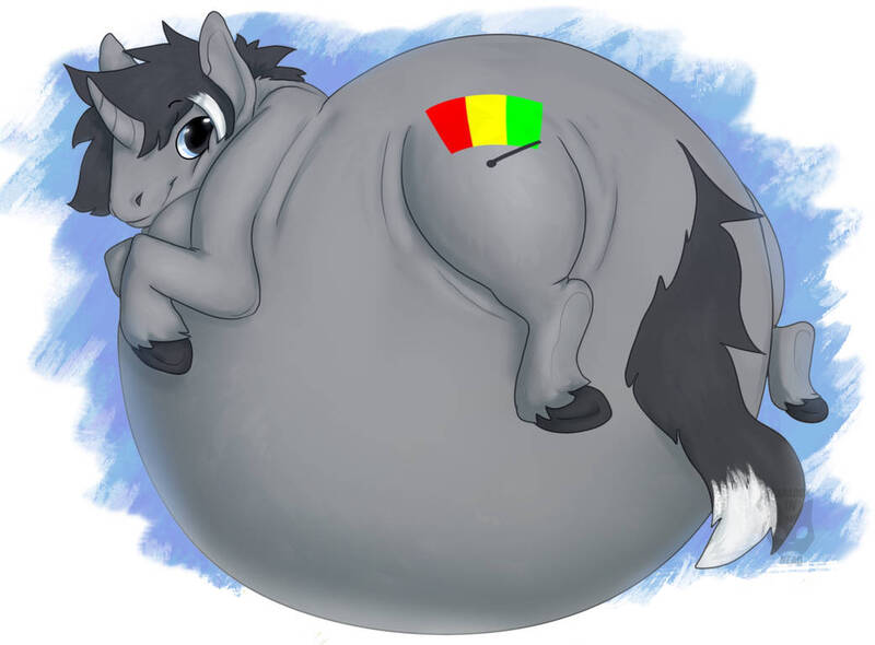 Size: 1041x768 | Tagged: safe, artist:paradoxinhead, derpibooru import, oc, oc:midnight snack, unicorn, belly, belly bed, big belly, fat, huge belly, image, impossibly large belly, jpeg, looking back, male, solo, solo male