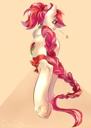 Size: 1500x2100 | Tagged: safe, artist:draco zero, derpibooru import, roseluck, pony, alternate hairstyle, braid, collar, commission, commissioner:doom9454, cute, image, long tail, png, pony pet, ponytail, ribbon, rosepet, tail, underhoof