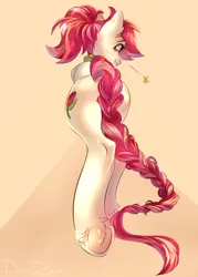 Size: 1500x2100 | Tagged: safe, alternate version, artist:draco zero, derpibooru import, roseluck, pony, alternate hairstyle, braid, collar, commission, commissioner:doom9454, cute, image, long tail, png, pony pet, ponytail, rosepet, tail, underhoof