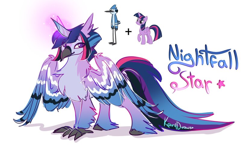 Size: 2048x1292 | Tagged: safe, artist:karydraws, derpibooru import, twilight sparkle, oc, oc:nightfall star, hippogriff, hybrid, crossover, crossover shipping, female, image, interspecies offspring, jpeg, male, mordecai, mordetwi, offspring, parent:mordecai, parent:twilight sparkle, parents:mordetwi, regular show, shipping, simple background, spread wings, straight, white background, wings