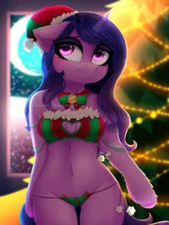 Size: 1875x2500 | Tagged: suggestive, artist:taiweiart, derpibooru import, izzy moonbow, anthro, unicorn, arm hooves, bra, christmas, christmas tree, clothes, commission, female, g5, hat, holiday, image, indoors, panties, png, santa hat, solo, solo female, tree, underwear, ych result