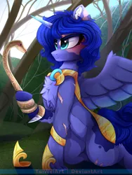 Size: 1875x2500 | Tagged: safe, artist:taiweiart, derpibooru import, oc, unofficial characters only, alicorn, pony, snake, alicorn oc, chest fluff, hoof shoes, horn, image, male, outdoors, png, stallion, tree, wings