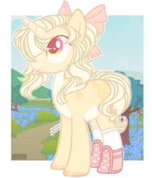 Size: 3406x4000 | Tagged: safe, artist:harusocoma, derpibooru import, pony, unicorn, boots, bow, clothes, detailed background, image, pink eyes, png, shoes, smiling, tail, white mane, white tail, yellow coat