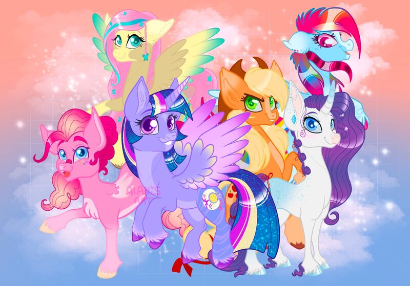 Size: 2048x1431 | Tagged: safe, artist:art_alanis, derpibooru import, applejack, fluttershy, pinkie pie, rainbow dash, rarity, twilight sparkle, alicorn, earth pony, pegasus, pony, unicorn, alternate design, gradient background, group, image, jpeg, mane six, obtrusive watermark, redesign, twitterina design, watermark